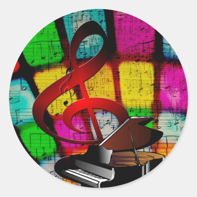 Colourful and Jazzy Treble Clef and Piano Classic Round Sticker (Front)
