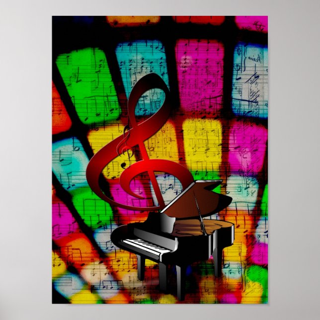 Colourful and Jazzy Treble Clef and Piano Poster (Front)
