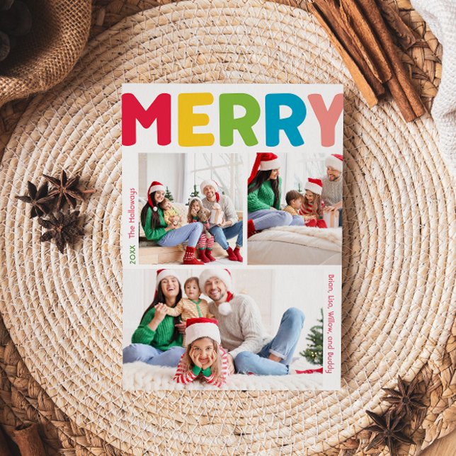 Colourful and Merry Year In Review Vertical 3 Phot Holiday Card (Creator Uploaded)