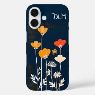 Colourful and Minimalist Flowers on Dark Blue iPhone 16 Case