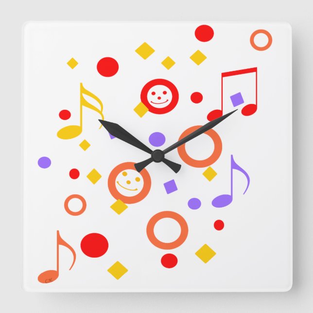 Colourful and Music Notes Square Wall Clock (Front)