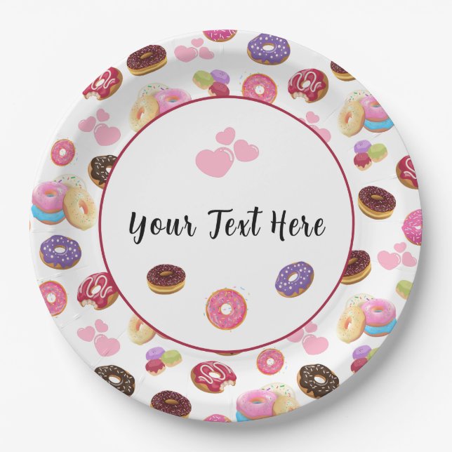 Colourful and Tasty Doughnuts and Hearts Paper Plate (Front)