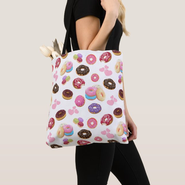 Colourful and Tasty Doughnuts and Hearts Tote Bag (Close Up)