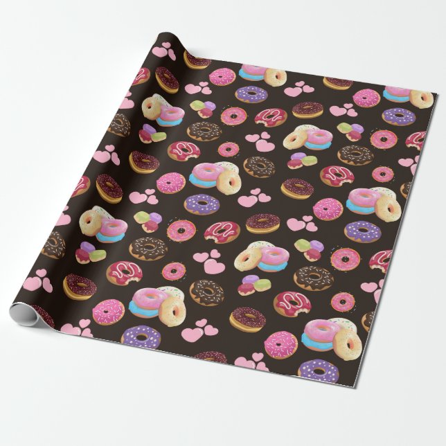 Colourful and Tasty Doughnuts and Hearts Wrapping Paper (Unrolled)