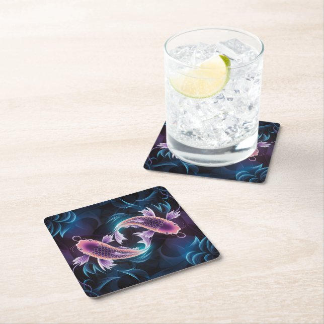 Colourful and Translucent Exotic Fish Aquarium Square Paper Coaster (Insitu)