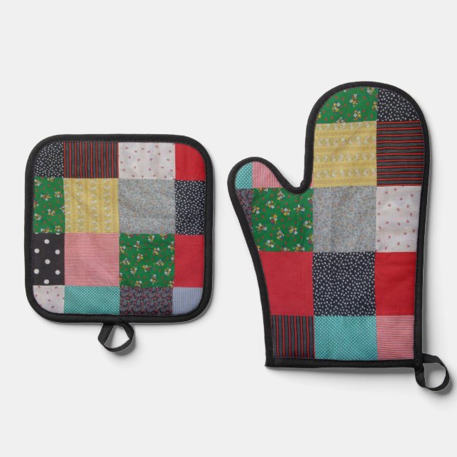 colourful and unique hand-made patchwork oven mitt & pot holder set (Front)