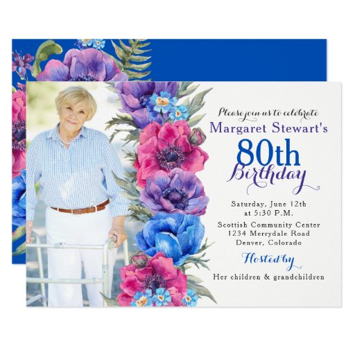Image of Colourful Anemone Floral Photo 80th Birthday Invitation