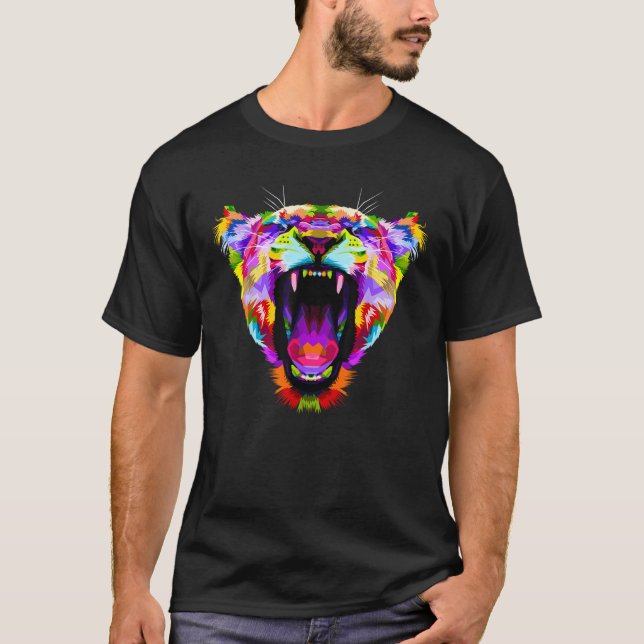 Colourful Angry Lioness Portrait Funny Big Cat  T-Shirt (Front)