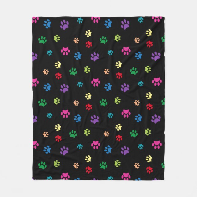 Colourful Animal Paw Prints on Black Fleece Blanket (Front)