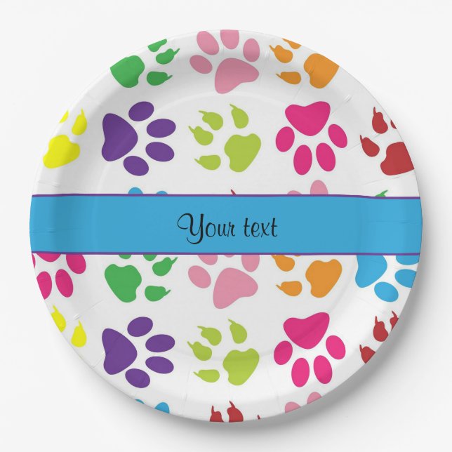 Colourful Animal Paw Prints Paper Plate (Front)