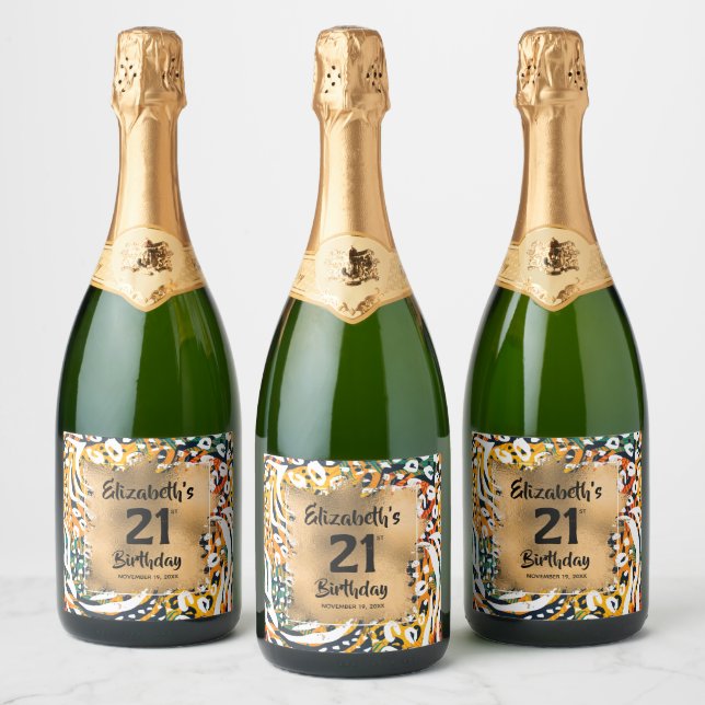 Colourful Animal Print 21st Birthday Personalised Sparkling Wine Label (Bottles)