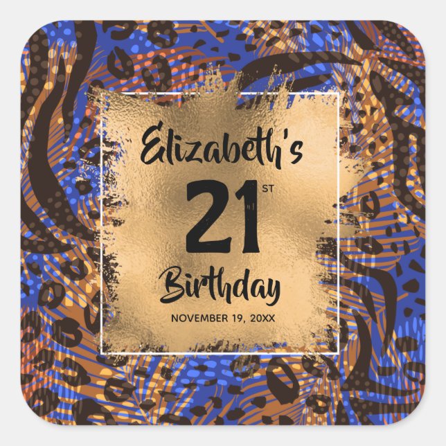 Colourful Animal Print 21st Birthday Personalised Square Sticker (Front)