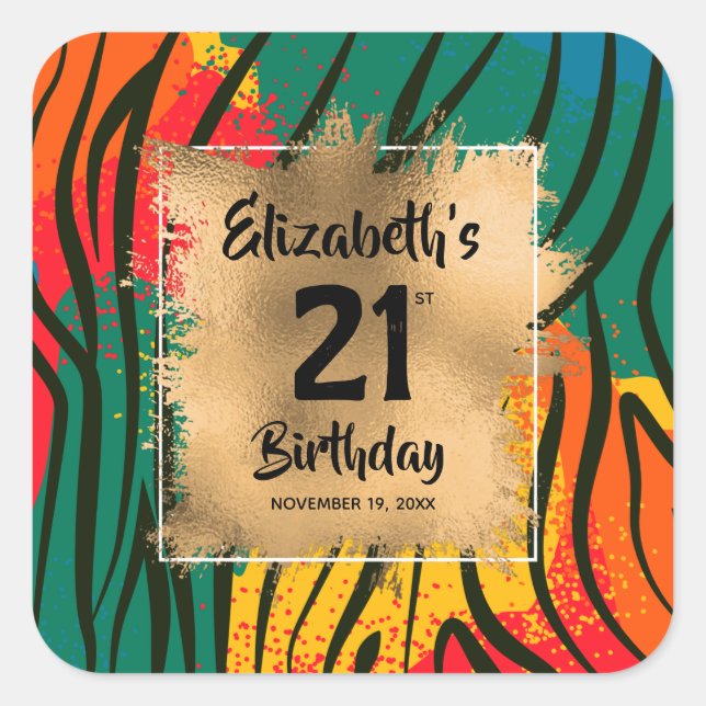 Colourful Animal Print 21st Birthday Personalised Square Sticker (Front)