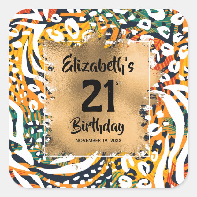 Colourful Animal Print 21st Birthday Personalised Square Sticker (Front)