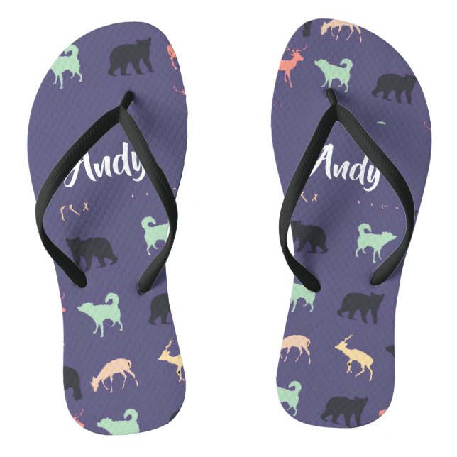 Colourful animal silhouettes on blue flip flops (Footbed)