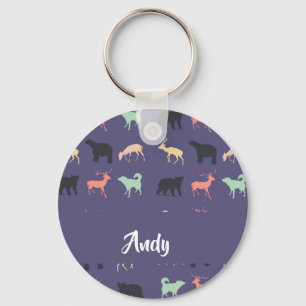 Colourful animal silhouettes on blue key ring