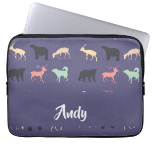 Colourful animal silhouettes on blue laptop sleeve