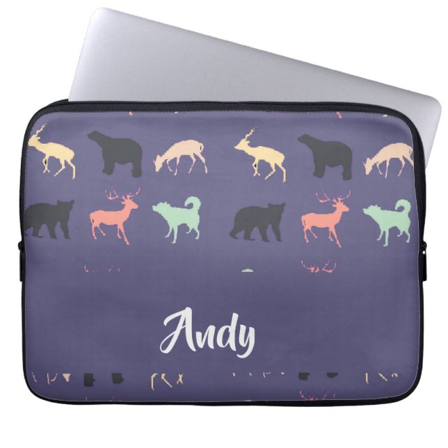 Colourful animal silhouettes on blue laptop sleeve (Front)