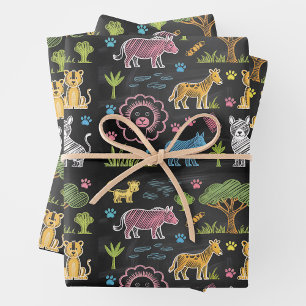 Colourful animals and trees are arranged wrapping paper sheet