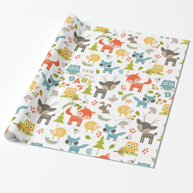 Colourful Animals & Woods Foliage Pattern Wrapping Paper (Unrolled)