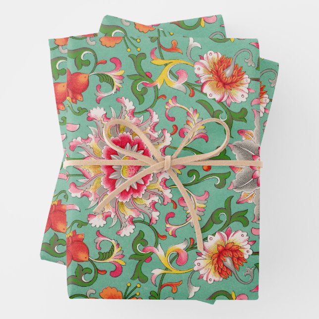 Colourful Antique Floral Botanical Chinoiserie Wrapping Paper Sheet (In situ)