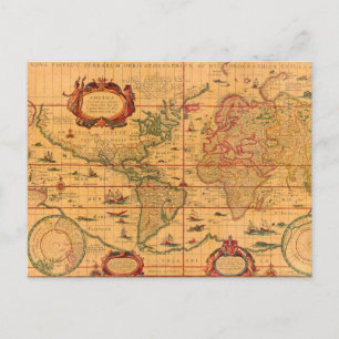 Colourful Antique Vintage Map of the World Postcard