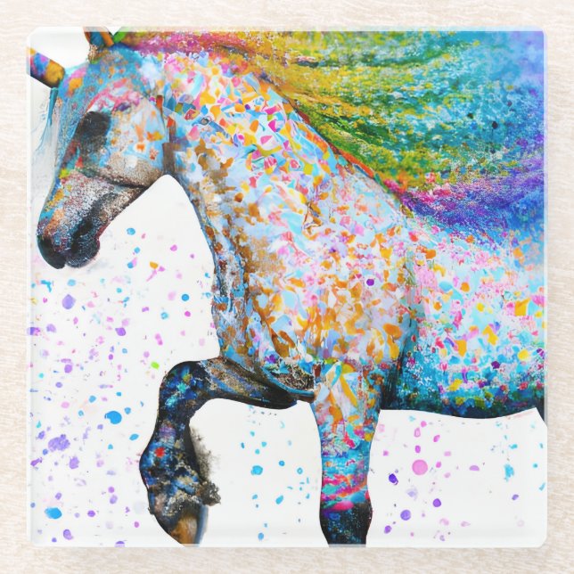 Colourful Appaloosa Unicorn Glass Coaster (Front)