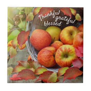 Colourful Apple Basket and Fall Leaves. Tile