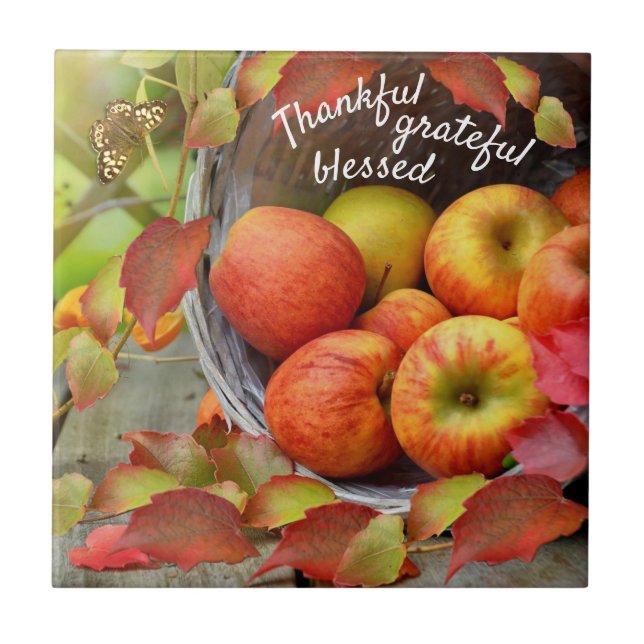 Colourful Apple Basket and Fall Leaves. Tile (Front)