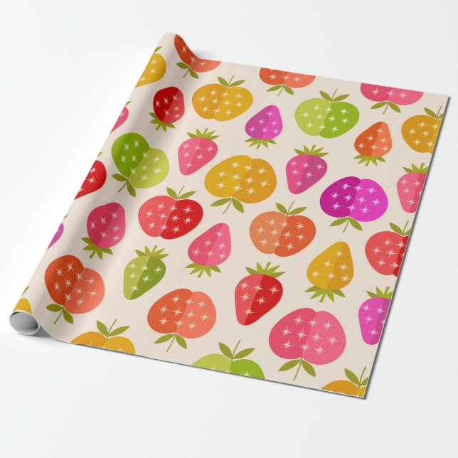 Colourful apples and strawberries with Retro Stars Wrapping Paper (Unrolled)