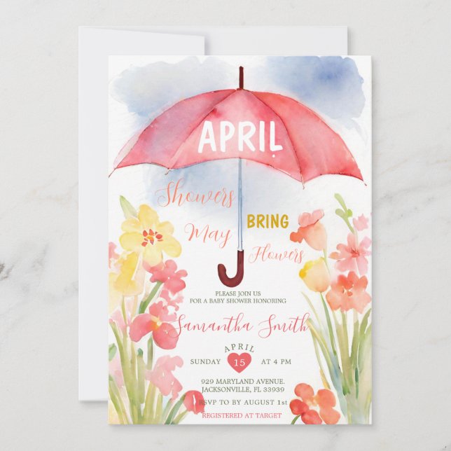 Colourful April Showers Pink Umbrella Baby Shower Invitation (Front)