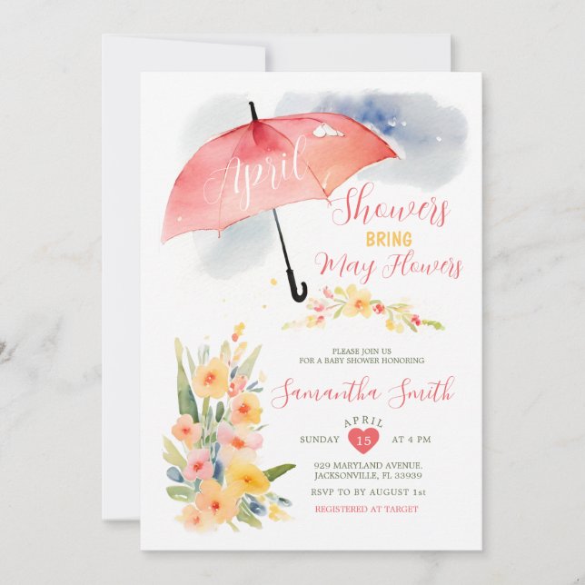 Colourful April Showers Red Umbrella Baby Shower Invitation (Front)
