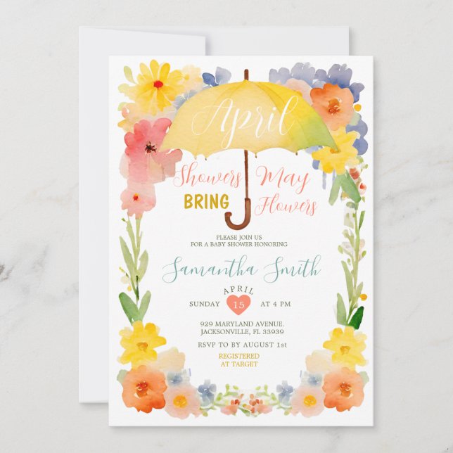 Colourful April Showers Yellow Umbrella Baby Showe Invitation (Front)