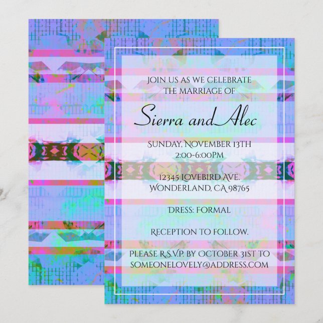 Colourful Aqua Pink & White Bohemian Striped Invitation (Front/Back)