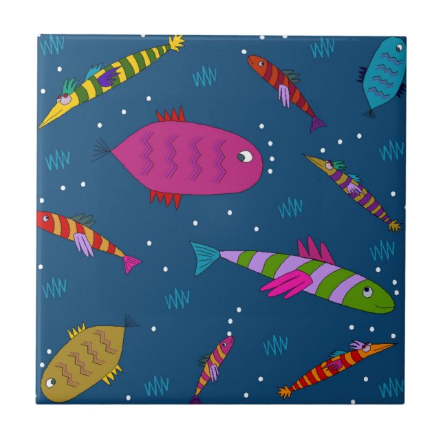 Colourful Aquatic Fish Whimsical Ceramic Tile (Front)