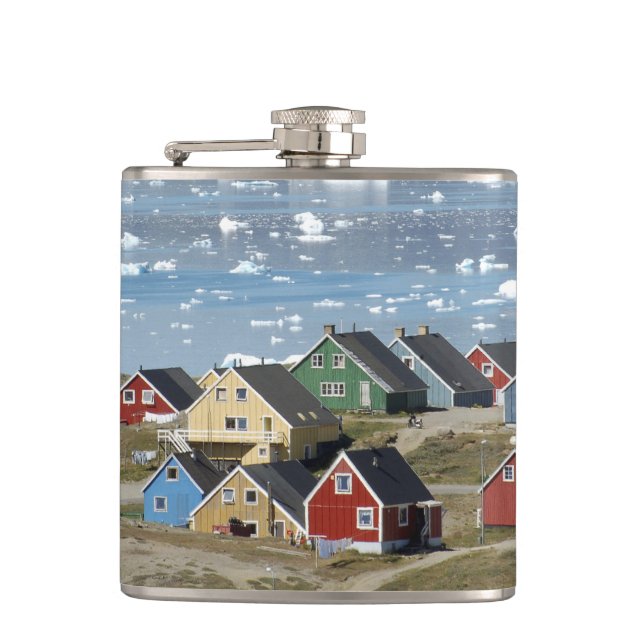 Colourful architecture of the town, Narsaq, Hip Flask (Front)