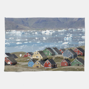 Colourful architecture of the town, Narsaq, Tea Towel