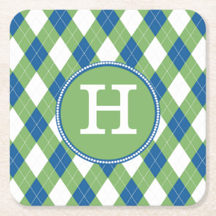 Colourful Argyle and Custom Monogram Paper Square Paper Coaster