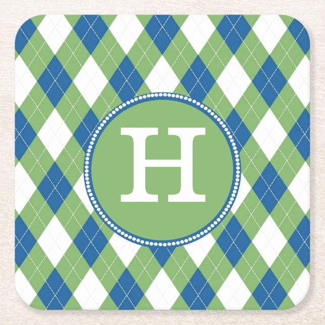 Colourful Argyle and Custom Monogram Paper Square Paper Coaster (Front)