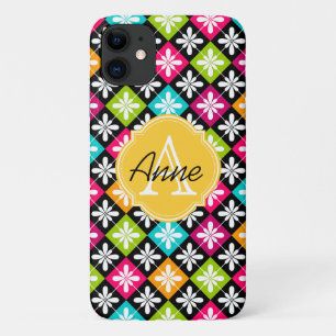 Colourful Argyle Floral Pattern Monogram Name iPhone 11 Case