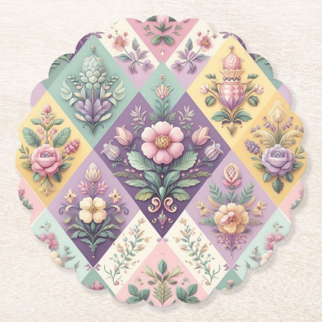Colourful argyle pastel Easter/Spring Paper Coaster (Front)