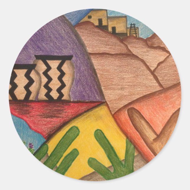 Colourful Arizona Southwest Desert Cactus Classic Round Sticker (Front)