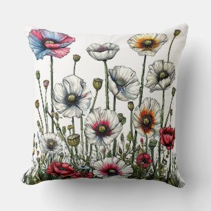 Colourful Array of Poppies in a Botanical Illustra Cushion