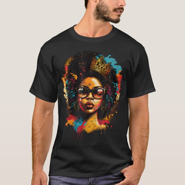 Colourful Art Black Queen Afro Melanin Dripping Ju T-Shirt (Front)