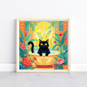 Colourful Art Deco Black Cat in Bath Tub Poster