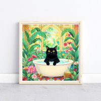 Colourful Art Deco Black Cat in Bath Tub