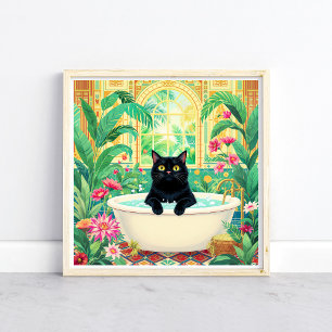 Colourful Art Deco Black Cat in Bath Tub Poster