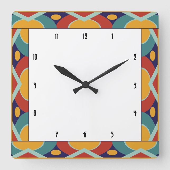 Colourful art deco border square wall clock (Front)