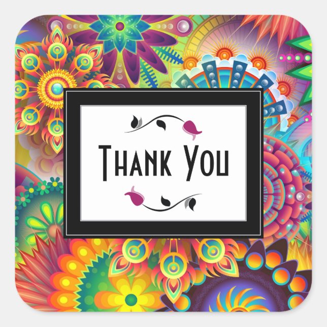 Colourful Art Deco Flower Shapes Pattern Thank You Square Sticker (Front)
