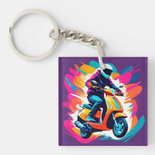 Colourful Art Depiction of a Person Riding Key Ring